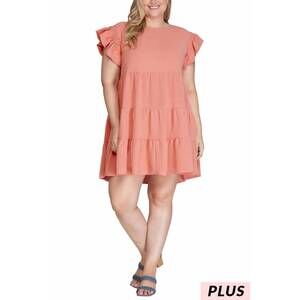 NEW VANILLA MONKEY ruffled smocked sleeve tiered woven dress - plus in peach ros